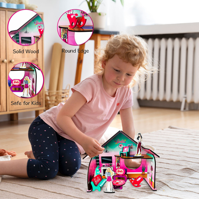 BARBIE Mini Doll House for Girls and Boys DIY Paint Wooden Dollhouse Toy with Furniture