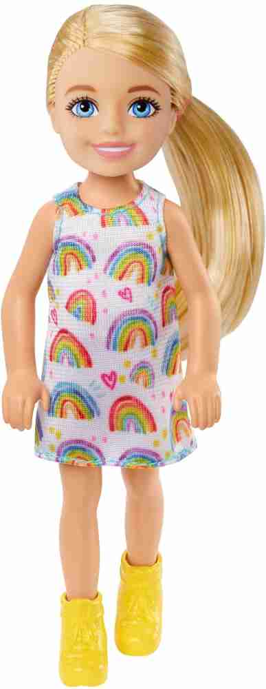 BARBIE Chelsea Doll Blonde Wearing Rainbow Print Dress and