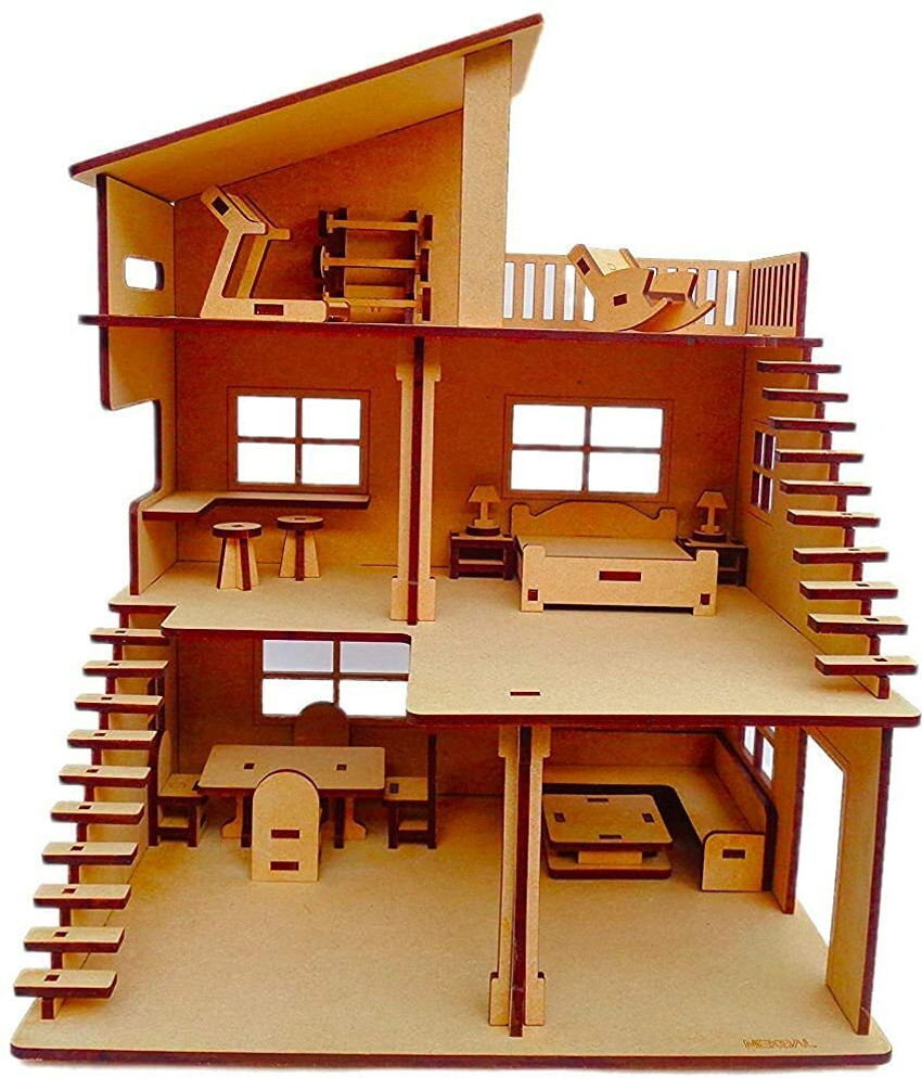 JAZZ COLLECTION Kids Villa Dollhouse for Girls with Furniture Made by Wooden Multicolor Kids Villa Dollhouse for Girls with Furniture Made by Wooden Multicolor Buy Wooden kids vills toys in