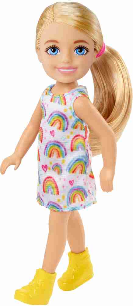 BARBIE Chelsea Doll Blonde Wearing Rainbow Print Dress and