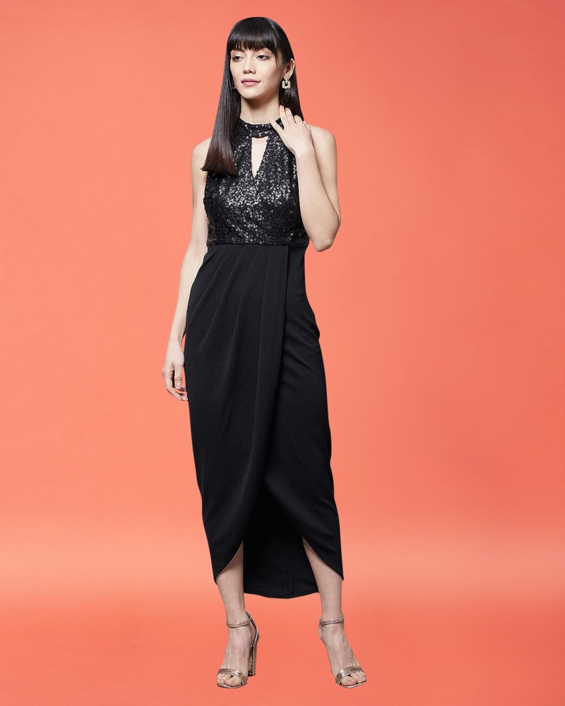 Buy BLACK CONTRAST MESH DETAIL ASMMETRICAL DRESS for Women Online in India