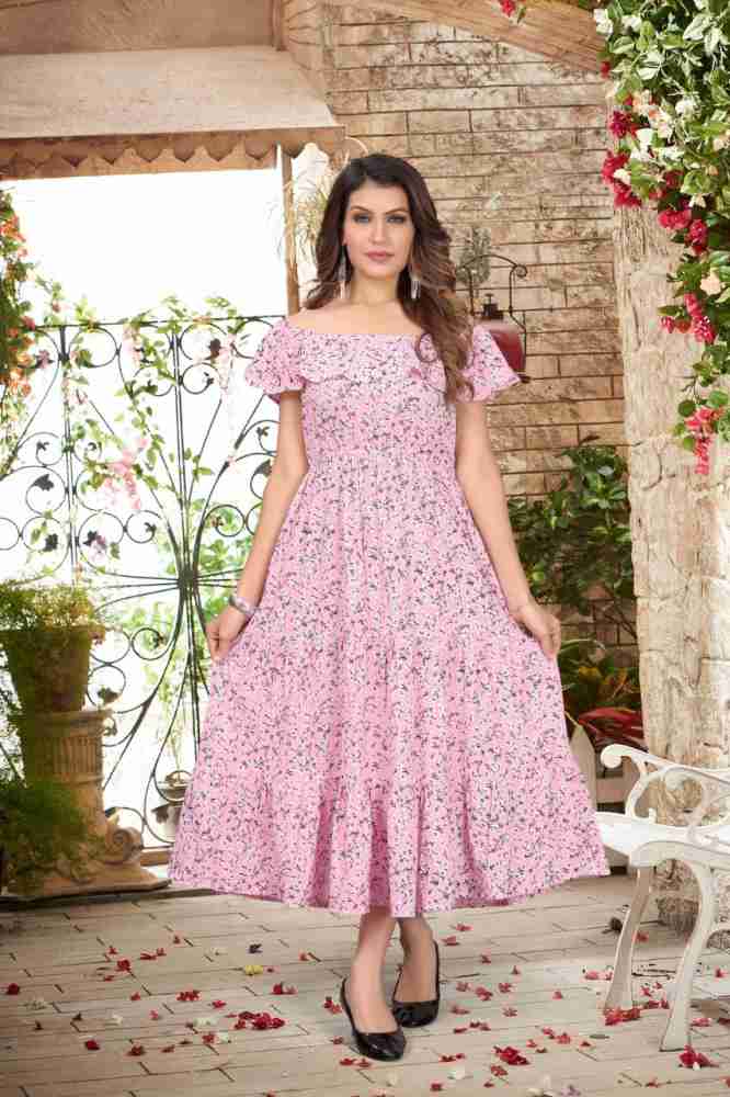 J And F Women Fit and Flare Pink, Grey, White Dress - Buy J And F Women Fit  and Flare Pink, Grey, White Dress Online at Best Prices in India