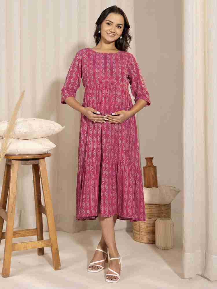 Buy Janasya Pink Cotton Woven Design Tiered Midi Dress online