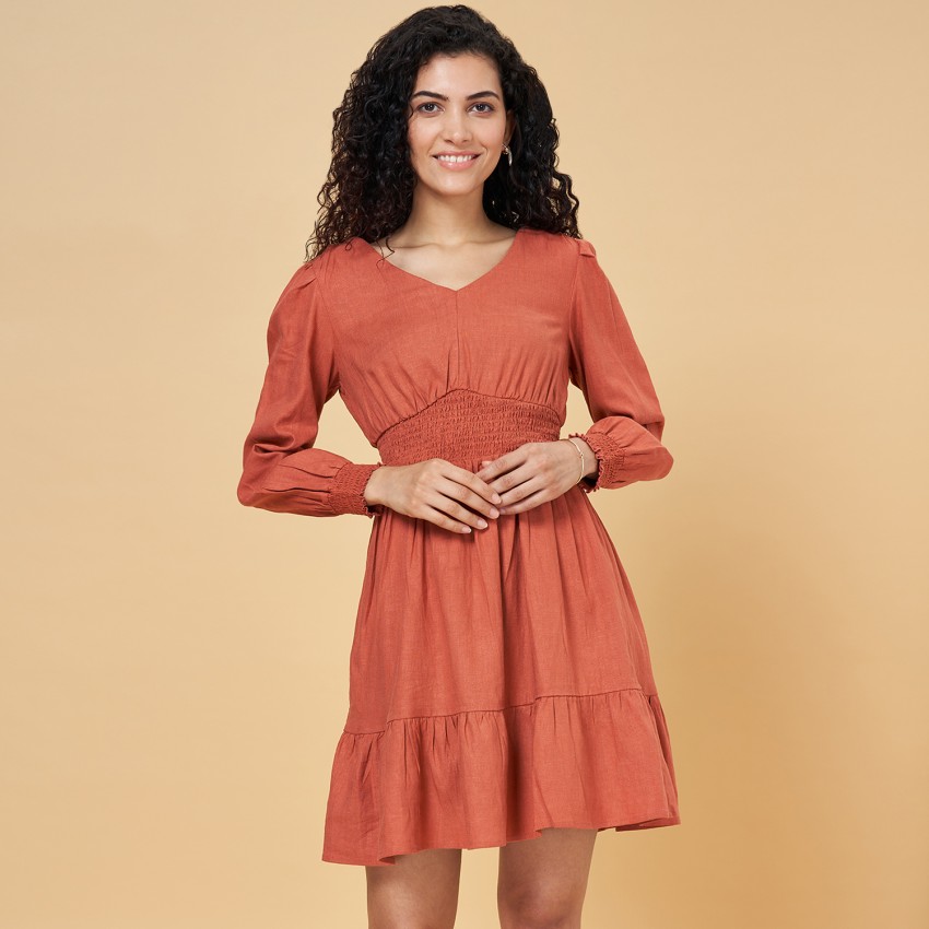 Honey By Pantaloons Women Fit and Flare Orange Dress - Buy Honey By Pantaloons  Women Fit and Flare Orange Dress Online at Best Prices in India