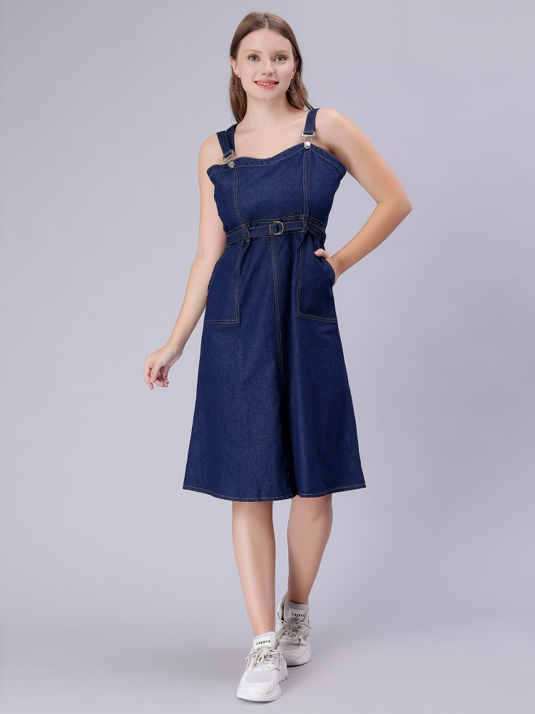 Knee length outlet denim dungaree dress