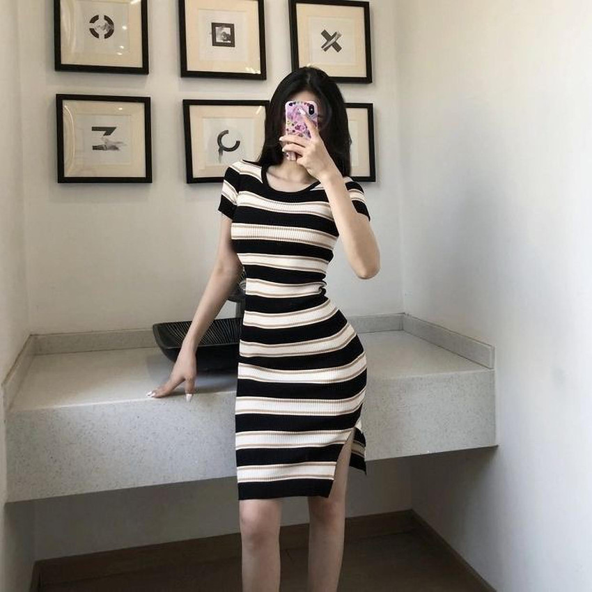Black top white dress