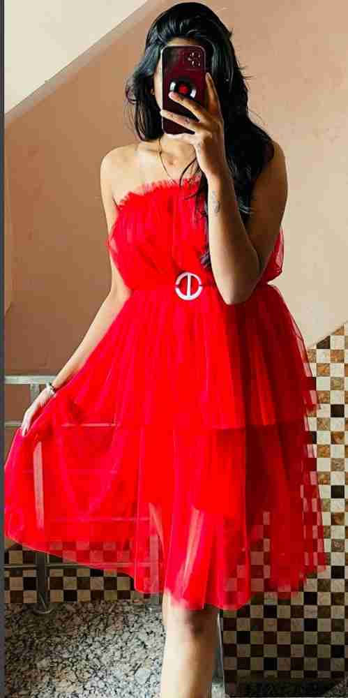 Red net short frock online