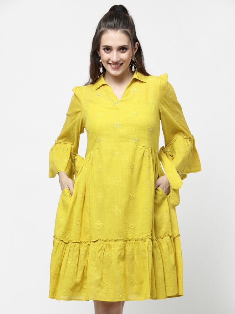 Terquois Self-Design Yellow Casual Dress with Antique Lace and gathers