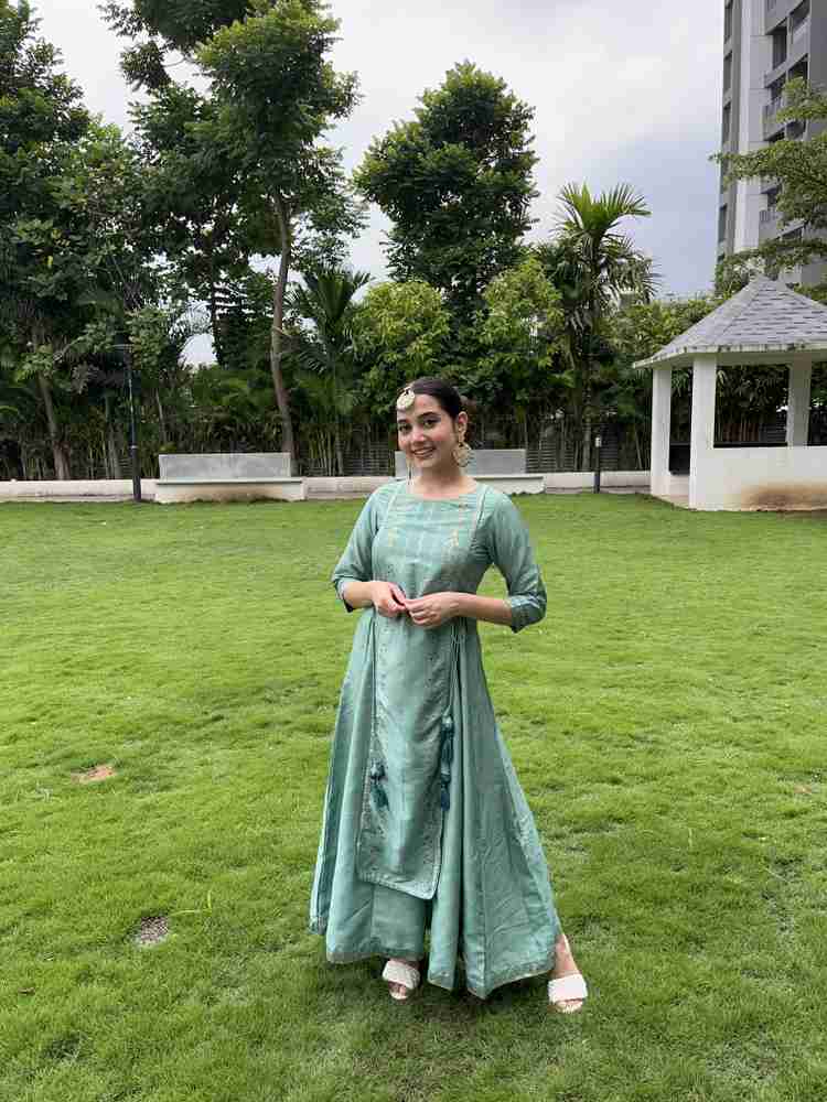 Janasya Women Fit and Flare Light Blue Gold Dress Buy Janasya