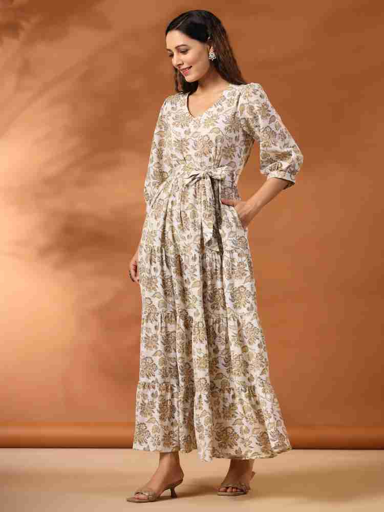 Jaipur Kurti Women Fit and Flare Beige White Dress Buy Jaipur Kurti Women Fit and Flare Beige White Dress Online at Best Prices in India Flipkart