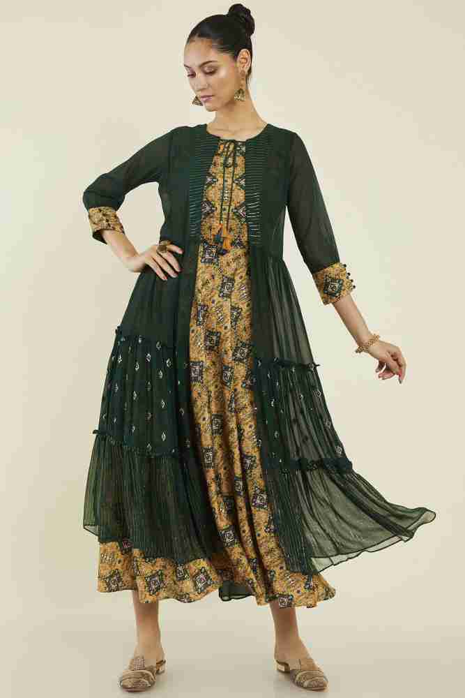 Embellished Fit & Flare Ethnic Dress With Dupatta