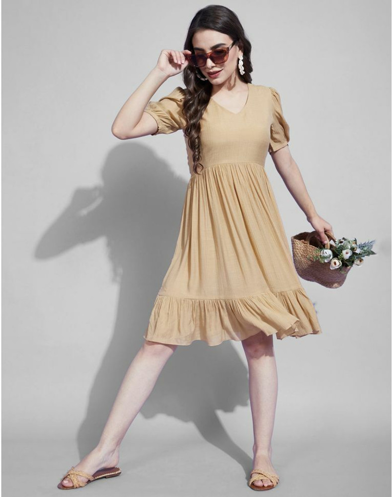 Mevika Fashion Women A-line Beige Dress - Buy Mevika Fashion Women A-line  Beige Dress Online at Best Prices in India | Flipkart.com