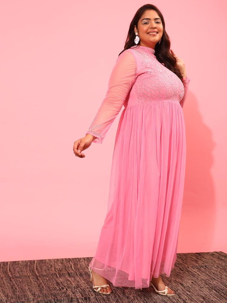 Plus Size Miriam Mesh Inset Flare Dress- Pink