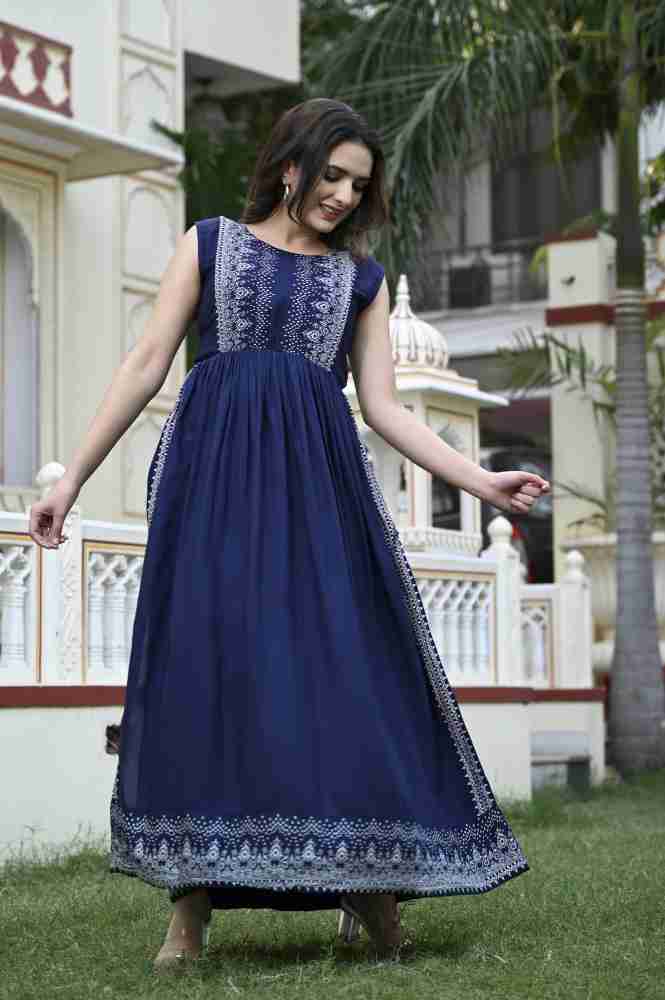 Daevish Women Maxi Dark Blue, White Dress - Buy Daevish Women Maxi Dark  Blue, White Dress Online at Best Prices in India