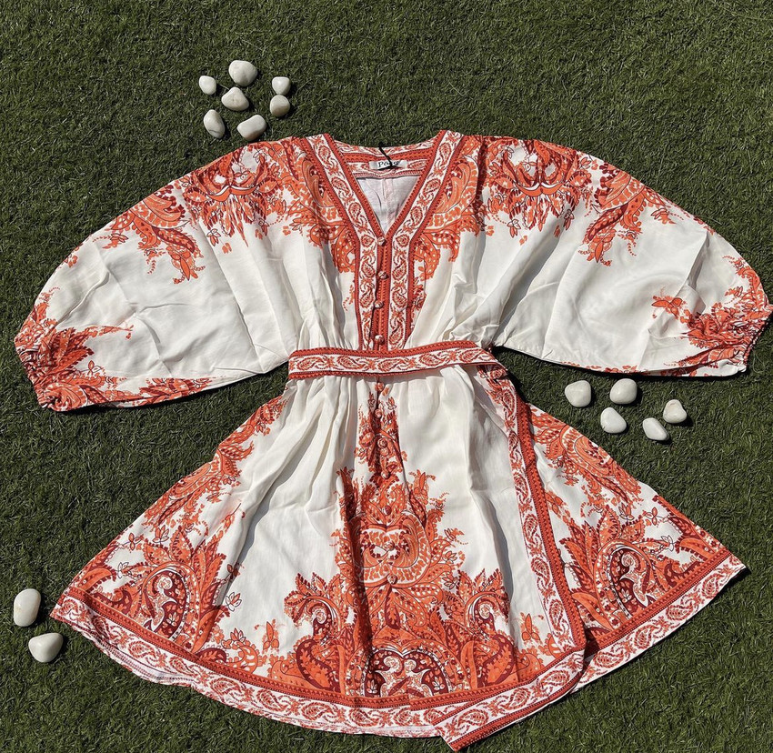 ICandy Fashion Women Fit and Flare White, Orange, Maroon Dress 