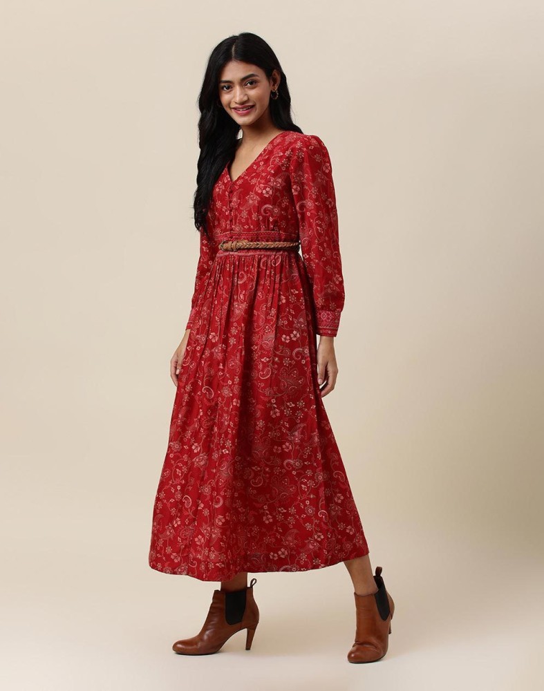 Fabindia Women Fit and Flare Red Dress Buy Fabindia Women Fit