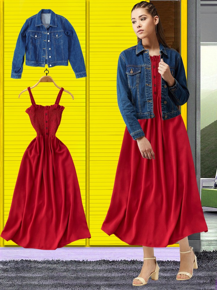 woman denim and red outfit