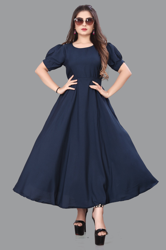 ZOPDI Women Fit and Flare Dark Blue Dress