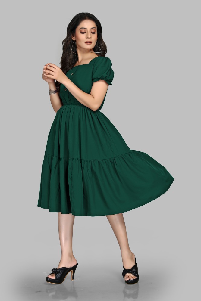 Women Solid Green Dobby Weave Square Neck Georgette Pleated Fit  Flare  Mini Dress  Berrylush