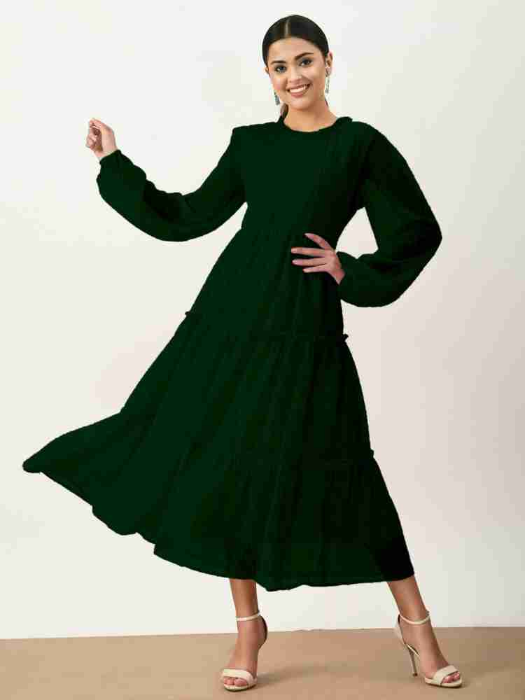 BEEYASO Clearance Summer Dresses For Women Solid Crew Neck A-Line  Mid-Length Leisure Long Sleeve Dress Green S