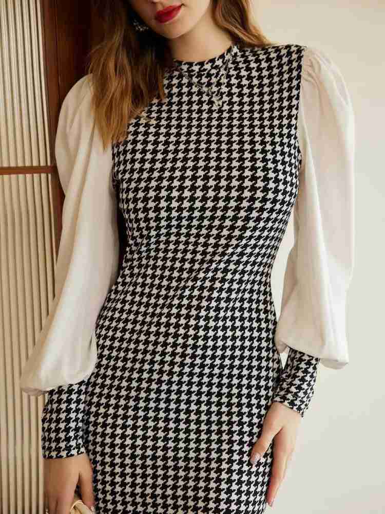 Buy BROWN FULL-SLEEVES HOUNDSTOOTH BODYCON DRESS for Women Online in India