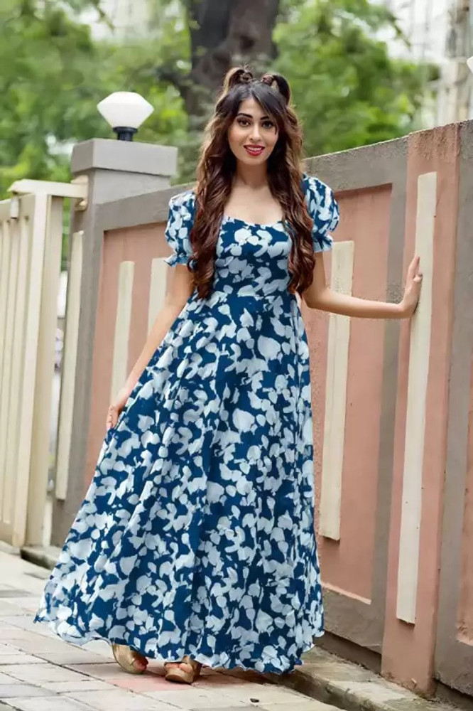 EDISHNAL Women A line Dark Blue White Dress Buy EDISHNAL Women