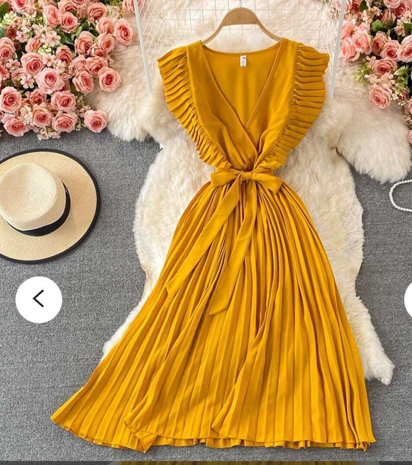 shoppinggullak Women Fit and Flare Yellow Dress Buy