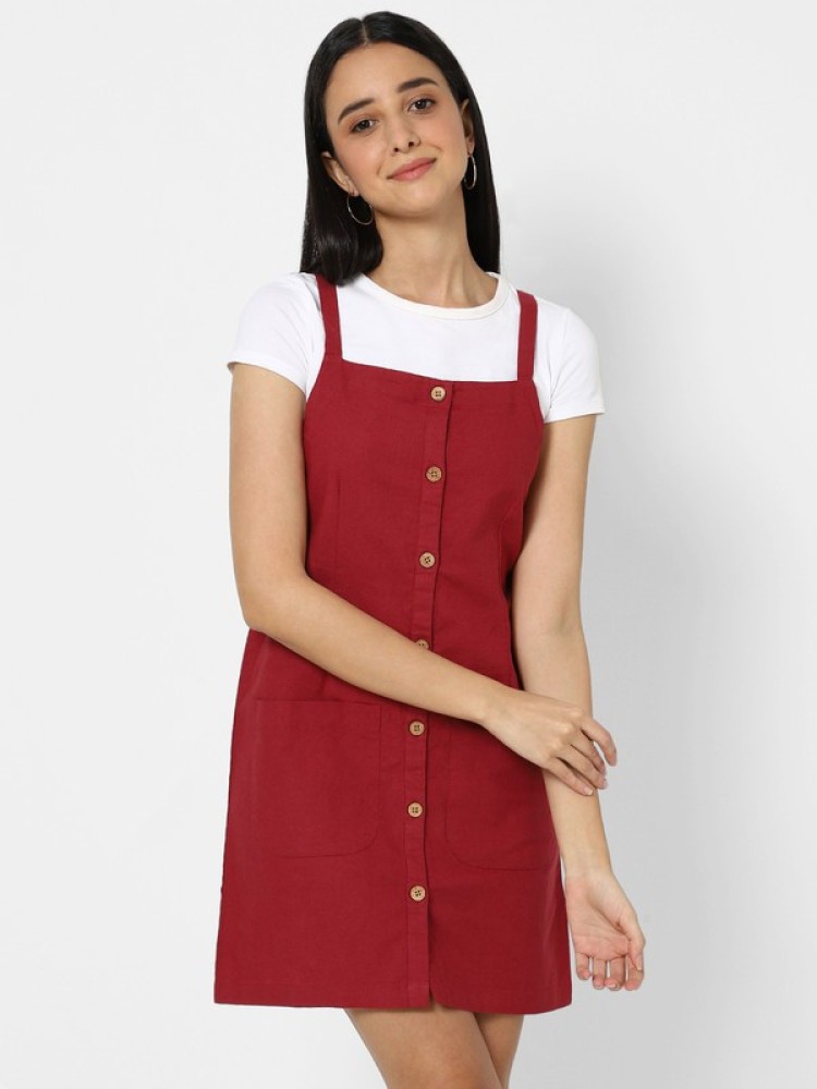 Red denim hot sale pinafore dress