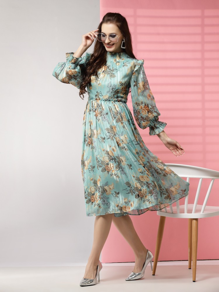 Buy KASSUALLY Blue Flutter Sleeves Cut-Out Pure Cotton Fit & Flare Dress  online