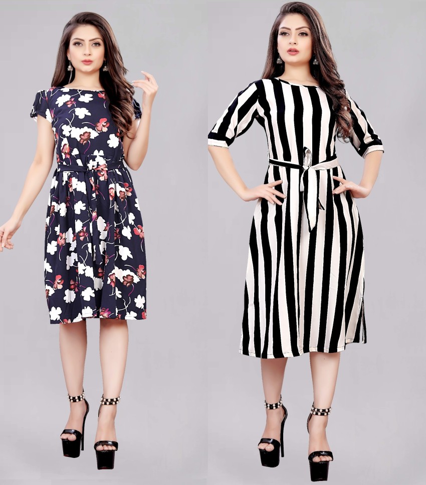 Buy Black Striped Long Sleeveless Dress Online - W for Woman