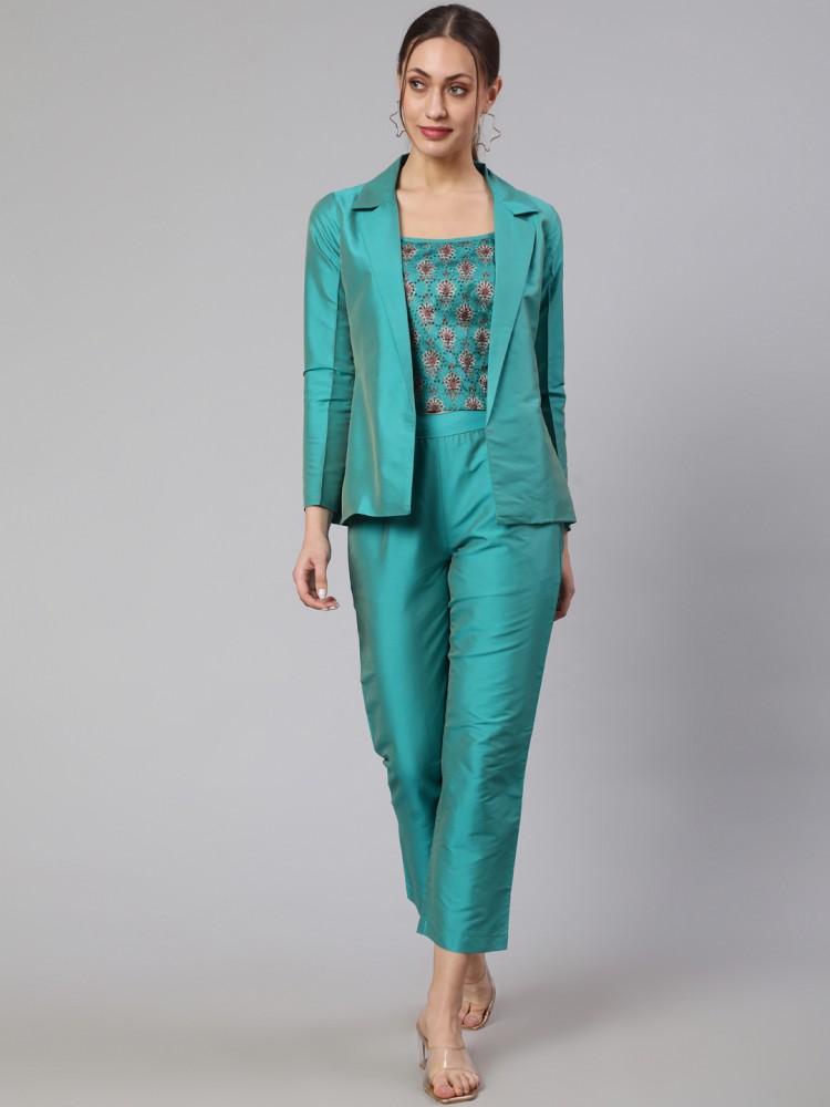 Turquoise Cotton Blend Straight Kurta Pant Suit Set