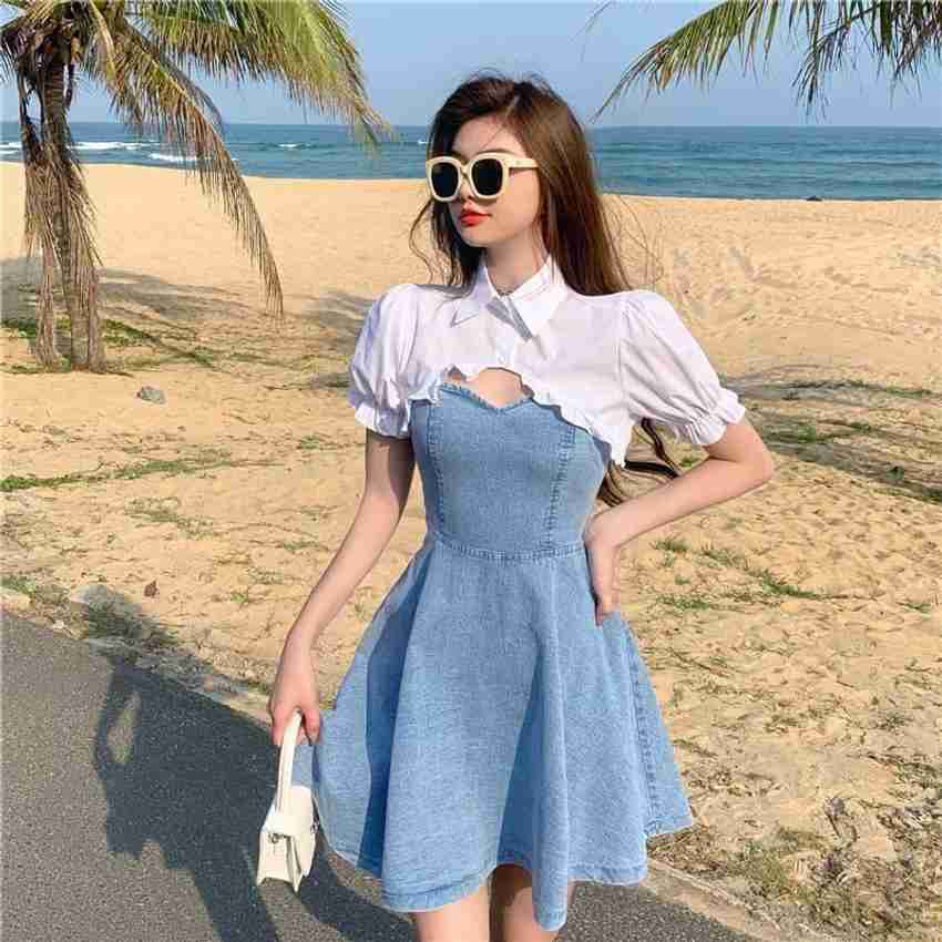 PYC Women A line Blue White Dress Buy PYC Women A line Blue White Dress Online at Best Prices in India Flipkart