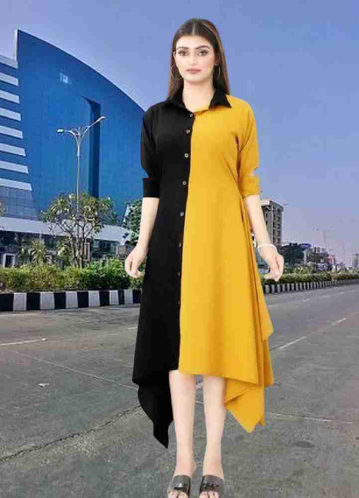 REYAN FASHION Women A line Black Yellow Dress Buy REYAN FASHION