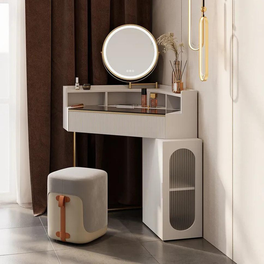 NG Decor Corner Makeup Vanity Set with Acrylic Top Mirror Stool Cabinet Engineered Wood Dressing Table Price in India Buy NG Decor Corner Makeup Vanity Set with Acrylic