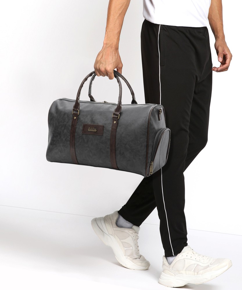 Grey leather duffle top bag