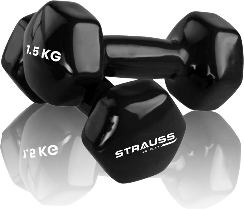 Strauss 1.5 Kg x 2 Vinyl Coated Dumbells For Gym Workout 1.5Kg each Pair Black Fixed Weight Dumbbell