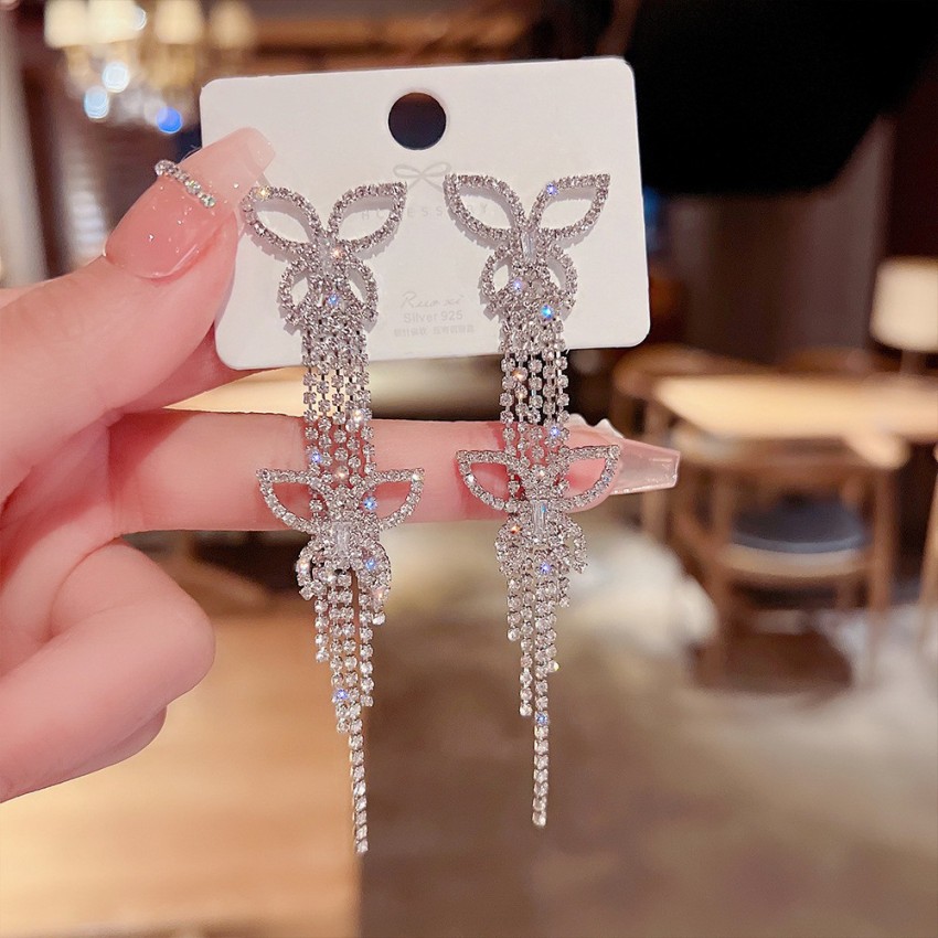 Female store 925 Silver Super Fairy Butterfly Tassel Stud Earrings