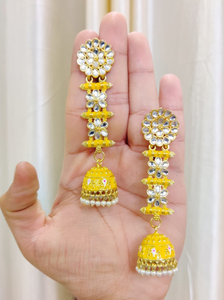 Shop Rubans Silver Plated Yellow Beads and White Pearl Enamelled Jhumka  Earrings Online at Rubans