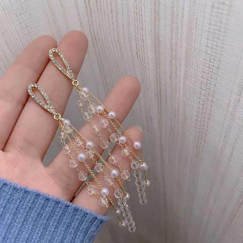 Big Pearl Tassel Earrings Long Chain Drop Dangle Earrings Fashion Earrings  Set Accessories for Women and
