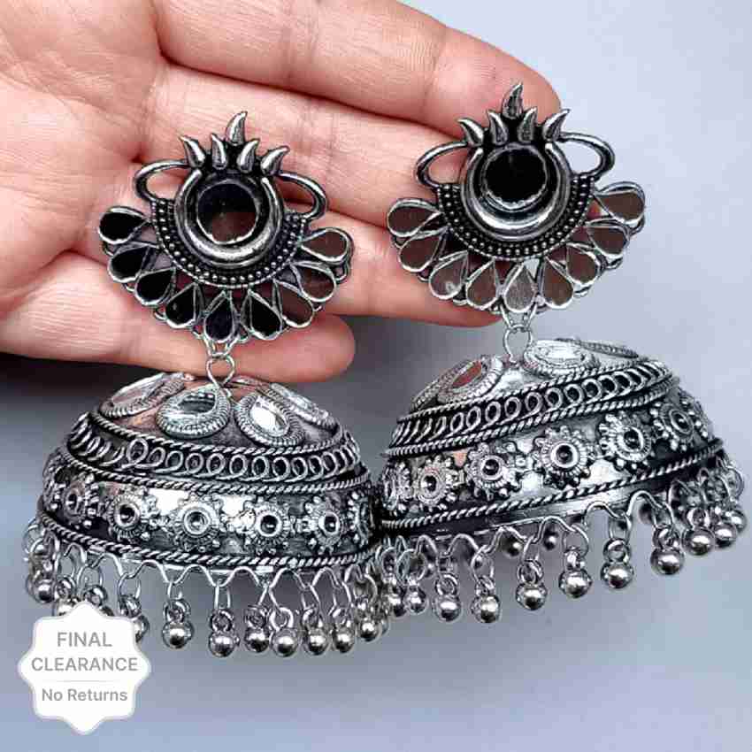 Vembley Traditional Oxidized Black Silver Afghani Style Big Mirror Jhumki Silver  Earrings For Women and Girls