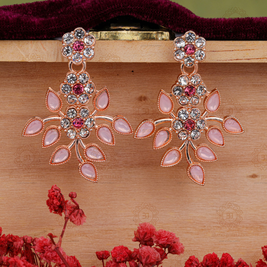 brado jewellery Rose Gold Plated White and Pink AD Studded Drop Earrings for Women and Girls Diamond Brass Drops Danglers