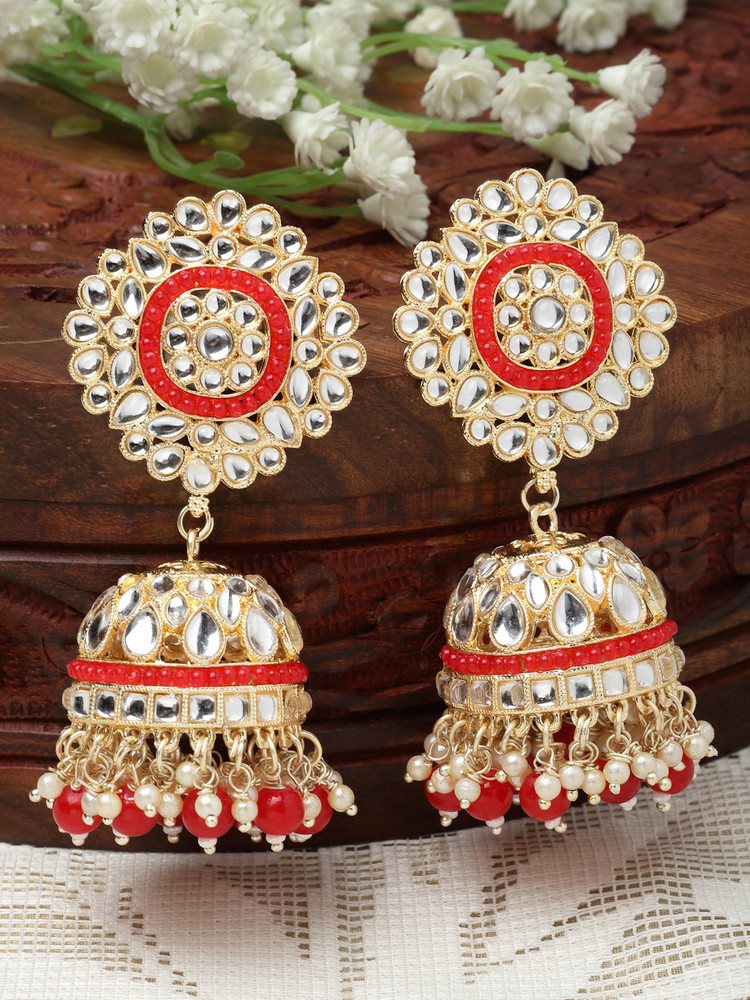 Flipkart Buy ZENEME Red White Kundan Pearls studded Vilandi Jhumka Earrings Pearl Metal Jhumki Earring Online at Best Prices in India