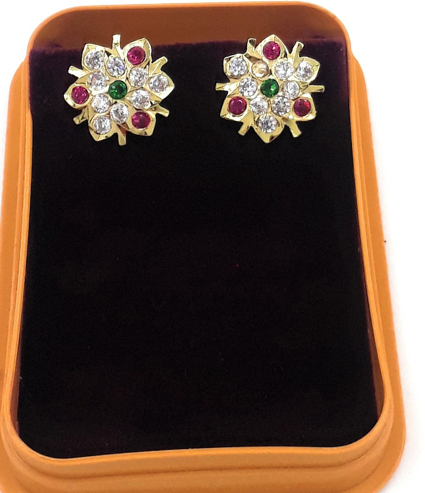 Anujeet Fashion Hub Gold Plated Covering 5 metal Impon AD Stone Floral Stud Earrings For Women Girls Copper Stud Earring