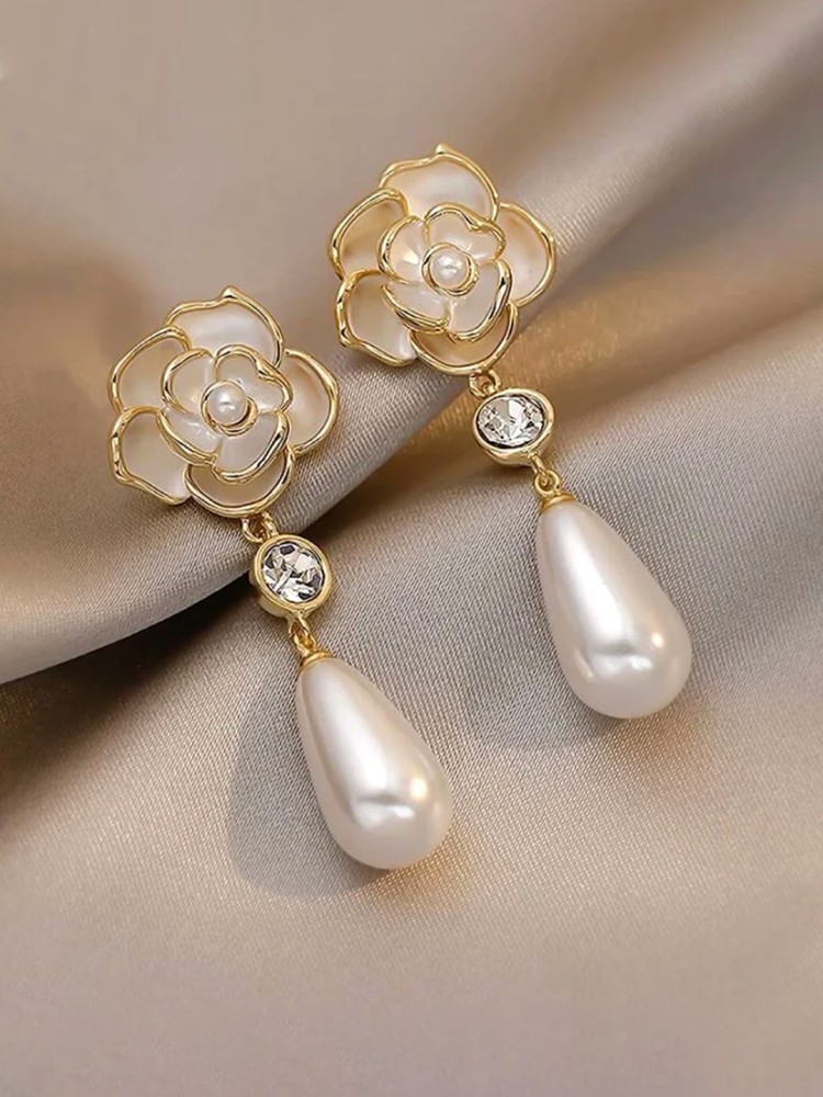 Buy YELLOW CHIMES Elegant White Flower Stud With Teardrop  Pearl Hanging Drop Earrings Pearl Metal Drops & Danglers Online at Best  Prices in India
