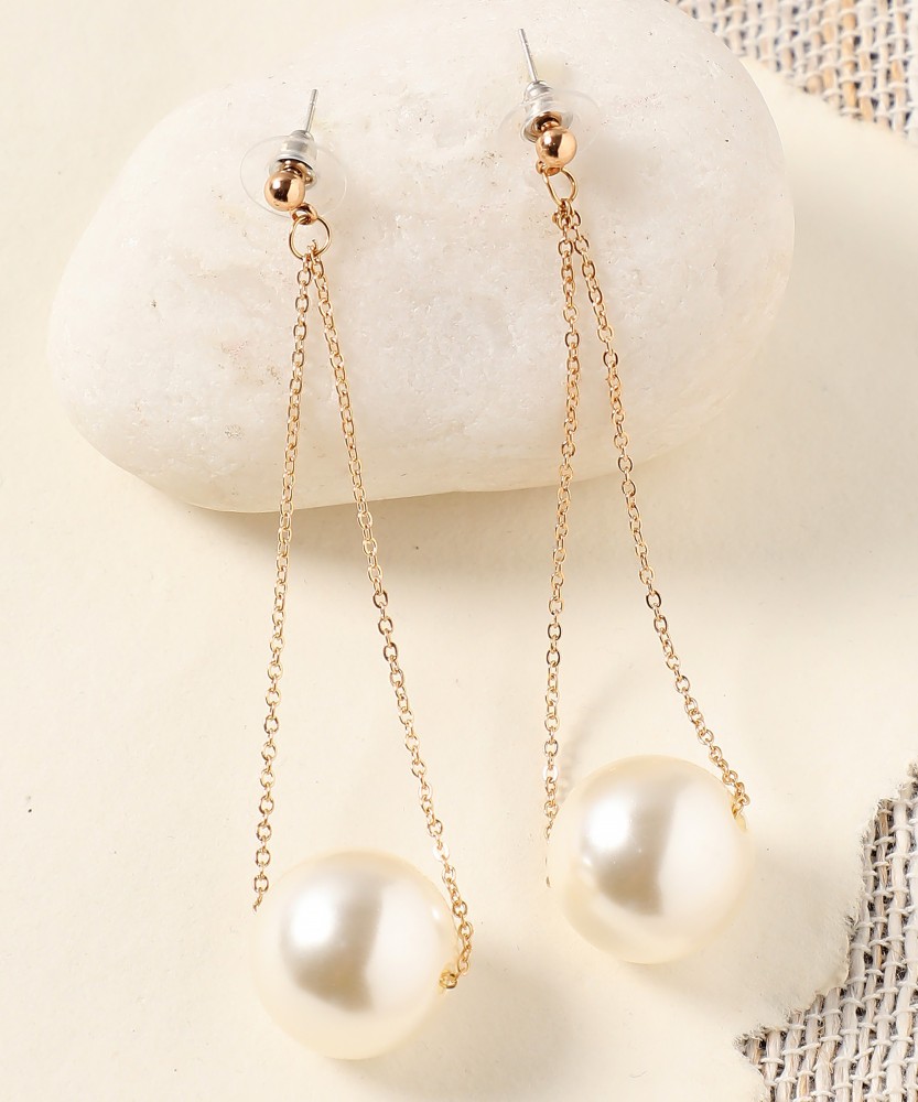 Pair of 1 goldplated long white pearl earrings for party for girls Pearl  Alloy Drops  Danglers Price in India  Buy Pair of 1 goldplated long  white pearl earrings for party