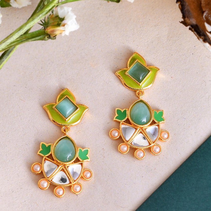 Green stones gold plated stud with screw back  Fashion Mantra Jewellary