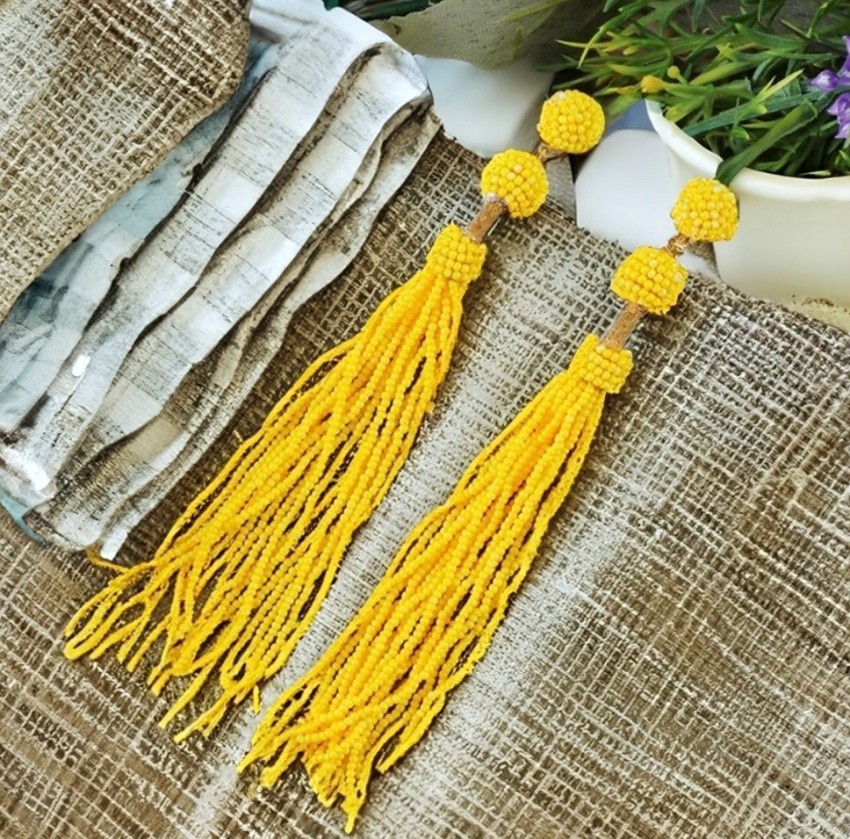 Yellow beaded tassel on sale earrings