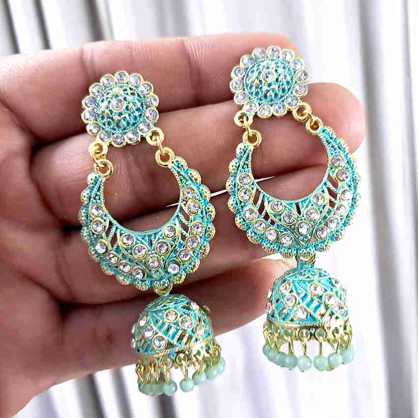 Flipkart Buy Anish long jhumki earrings aqua color wedding jhumka fancy party wear jhumki for women Pearl Alloy Jhumki Earring Drops Danglers Online at Best Prices in India