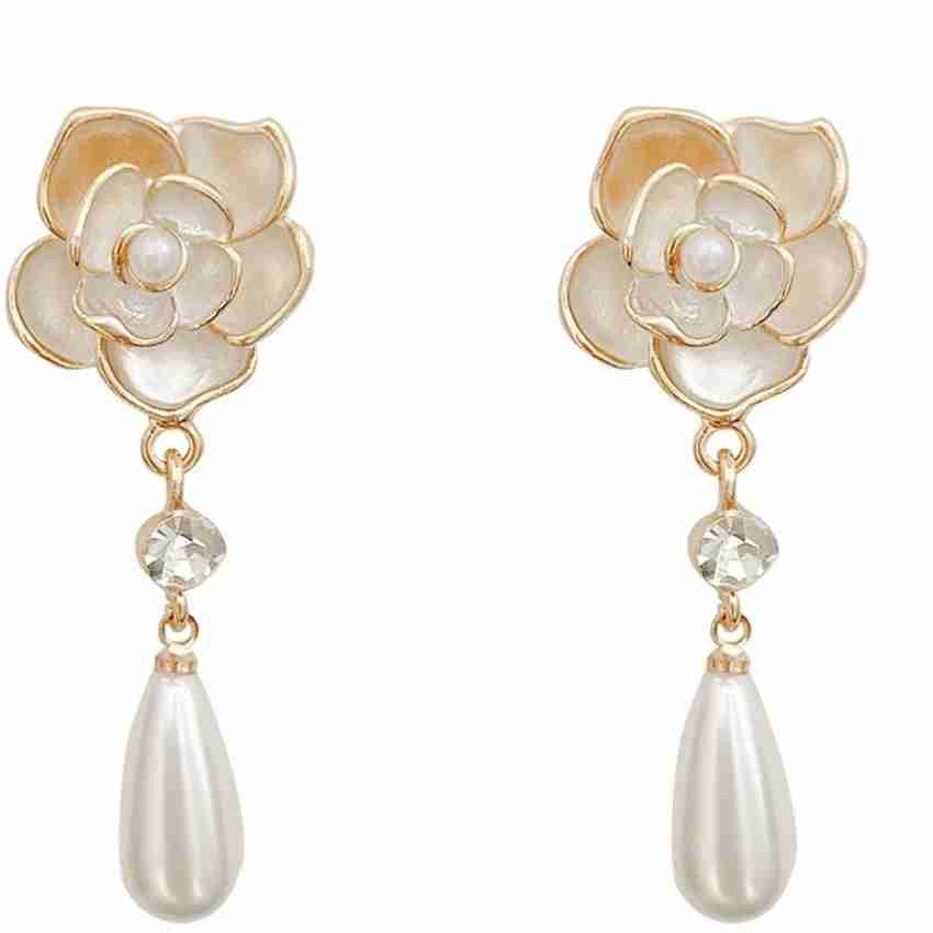 Kairangi by Yellow Chimes White Metal Flower Stud With Linear Chain Hanging Pearl Drop Dangler Earrings for Women and Girls - 8 cm