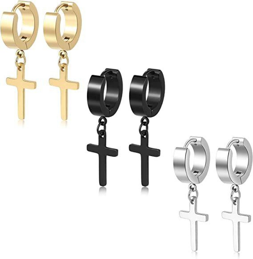 Men Women Stainless Steel Cross Dangle Drop Long CZ Earrings Silver Gold  E25  eBay